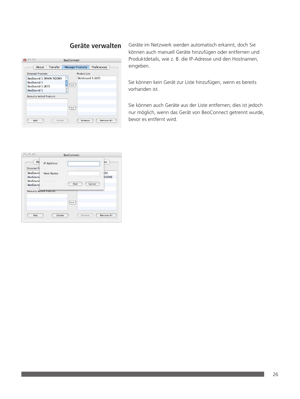 Geräte verwalten | Bang & Olufsen BeoConnect (for Mac) User Manual | Page 26 / 217