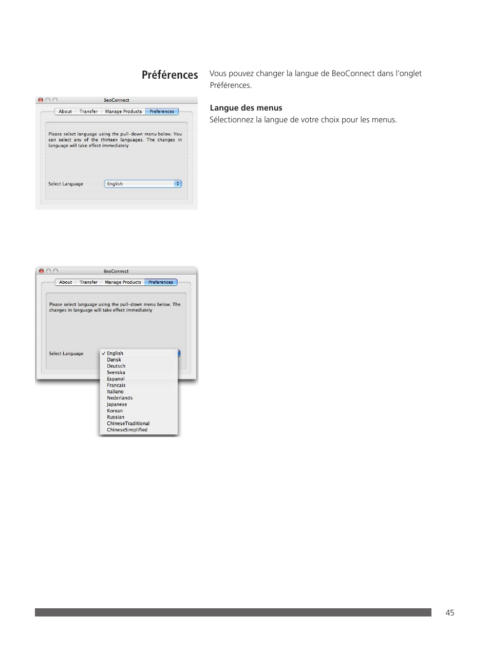 Préférences | Bang & Olufsen BeoConnect (for Mac) User Manual | Page 45 / 217