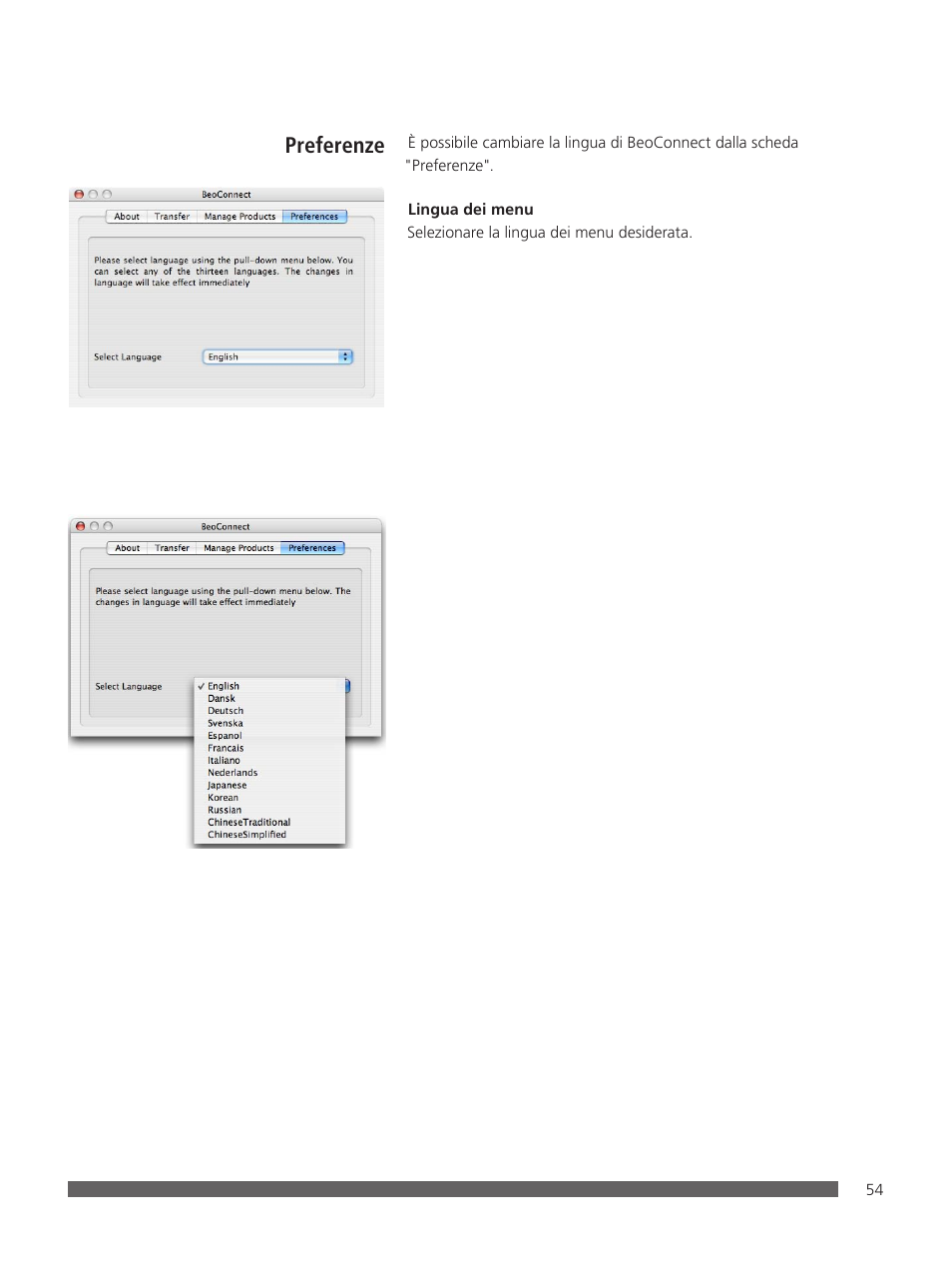Preferenze | Bang & Olufsen BeoConnect (for Mac) User Manual | Page 54 / 217