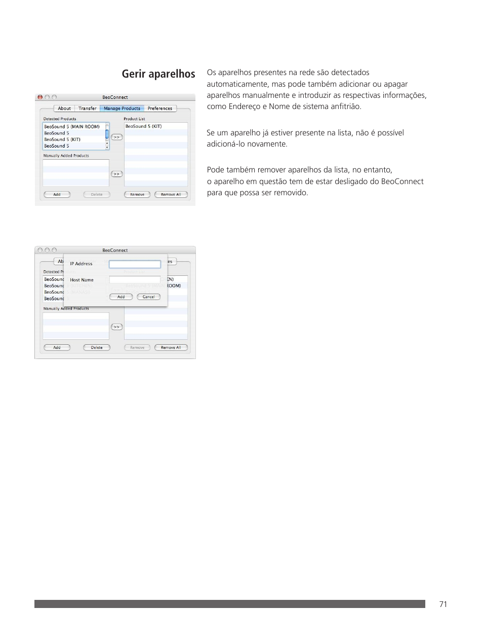 Gerir aparelhos | Bang & Olufsen BeoConnect (for Mac) User Manual | Page 71 / 217