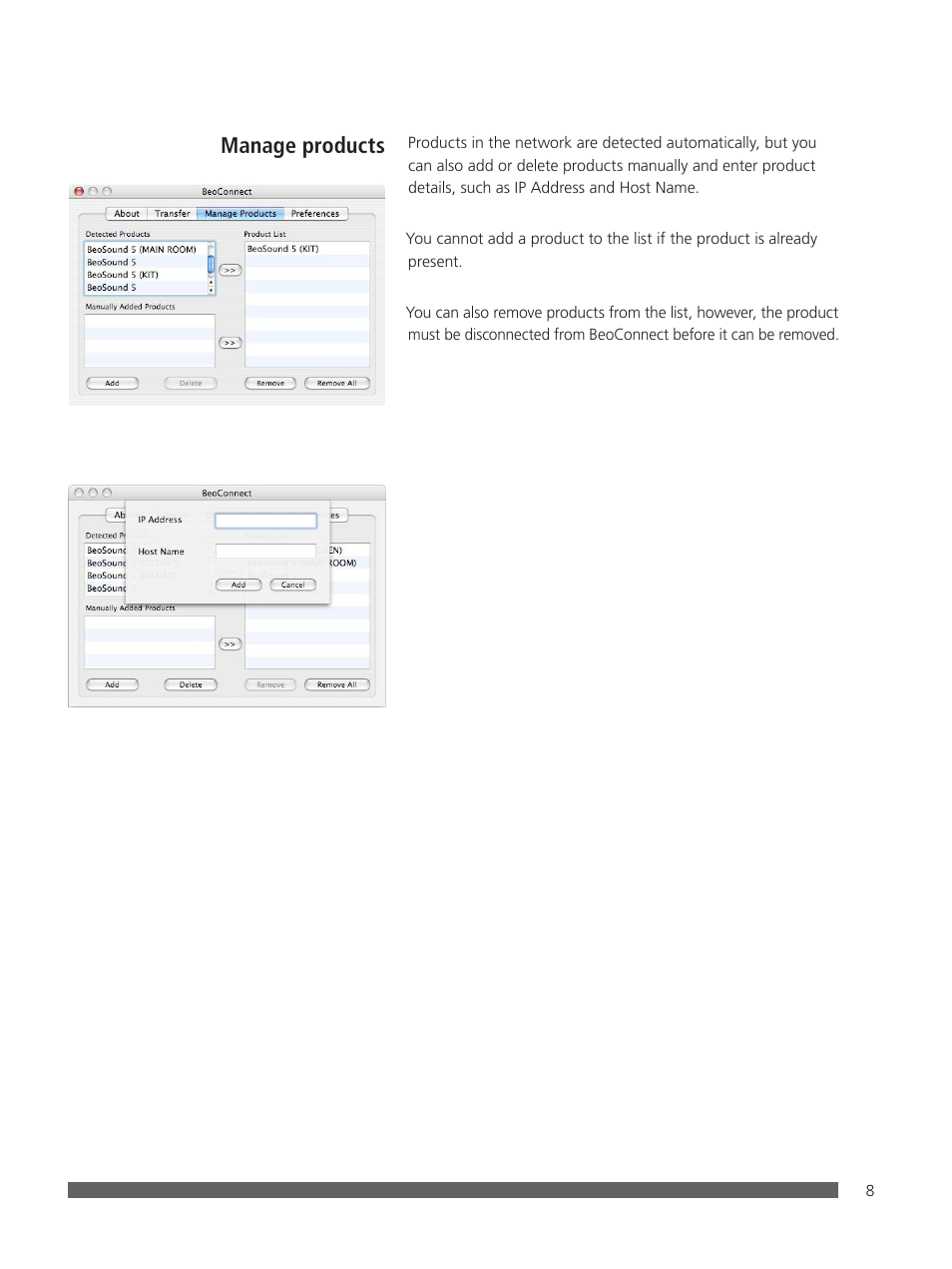 Manage products | Bang & Olufsen BeoConnect (for Mac) User Manual | Page 8 / 217