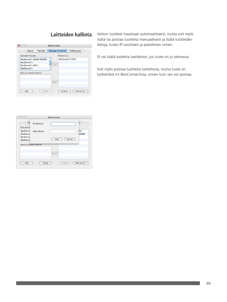 Laitteiden hallinta | Bang & Olufsen BeoConnect (for Mac) User Manual | Page 89 / 217