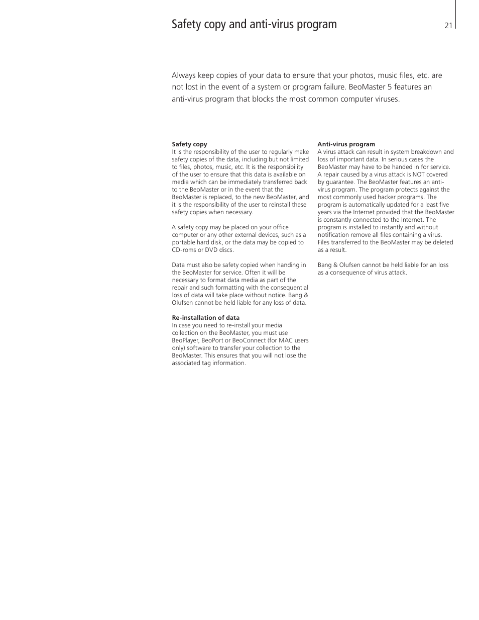 Safety copy and anti-virus program | Bang & Olufsen BeoMaster 5 User Manual | Page 21 / 28