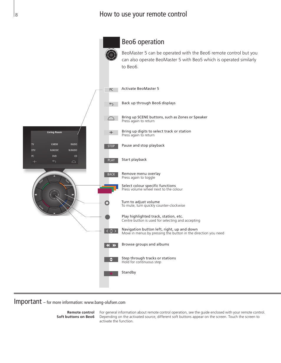 How to use your remote control, Beo6 operation, Important | Bang & Olufsen BeoMaster 5 User Manual | Page 8 / 28