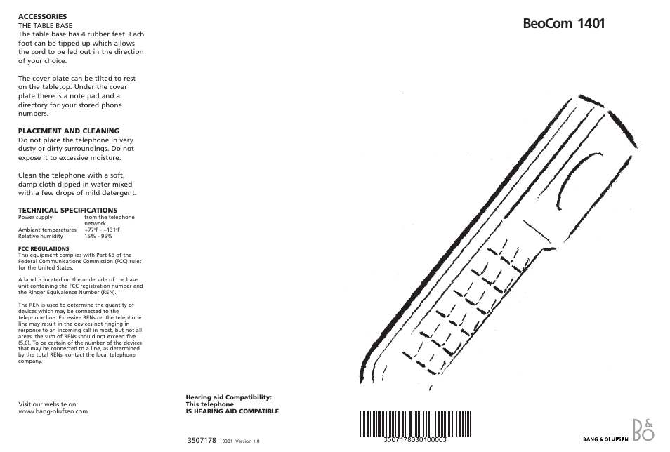 Accessories, Placement and cleaning, Technical specifications | Beocom 1401 | Bang & Olufsen BeoCom 1401 User Manual | Page 2 / 2