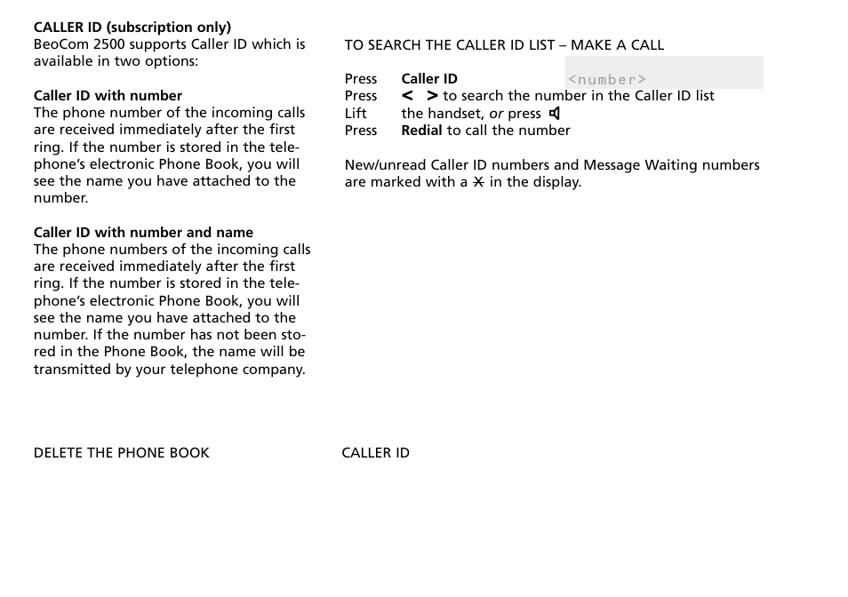 Caller id (subscription only), To search the caller id list – make a call | Bang & Olufsen BEOCOM 2500 User Manual | Page 21 / 40