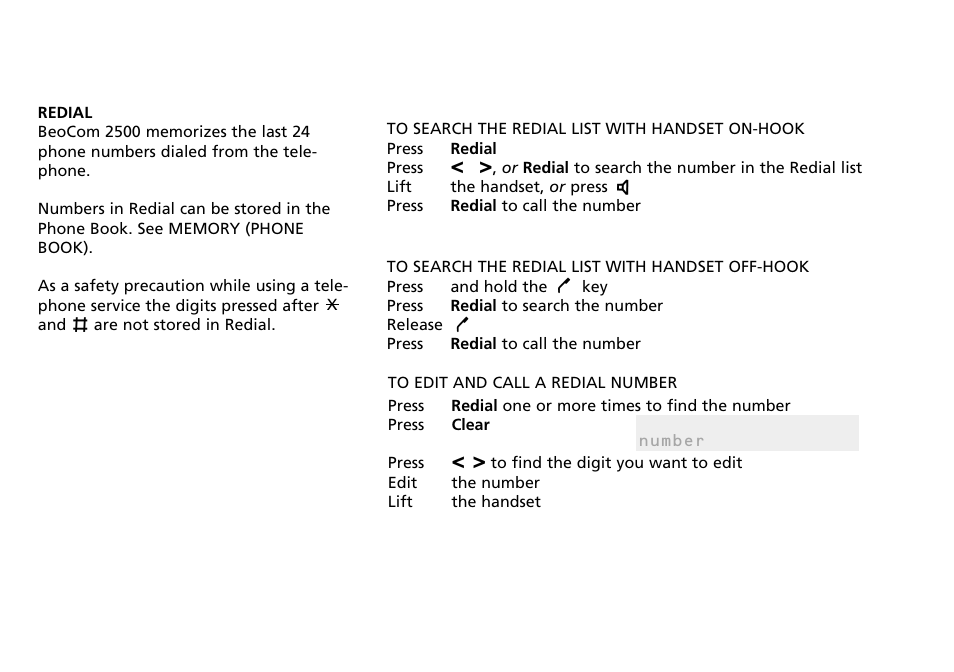 Redial, To search the redial list with handset on-hook, To search the redial list with handset off-hook | To edit and call a redial number | Bang & Olufsen BEOCOM 2500 User Manual | Page 24 / 40