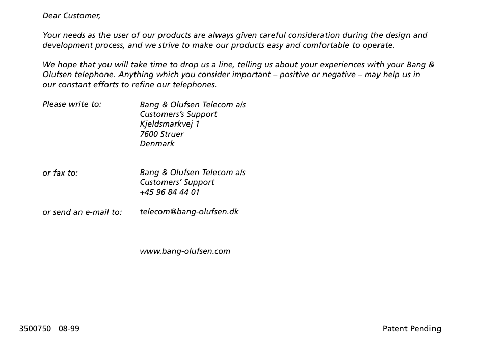 Dear customer | Bang & Olufsen BEOCOM 2500 User Manual | Page 40 / 40