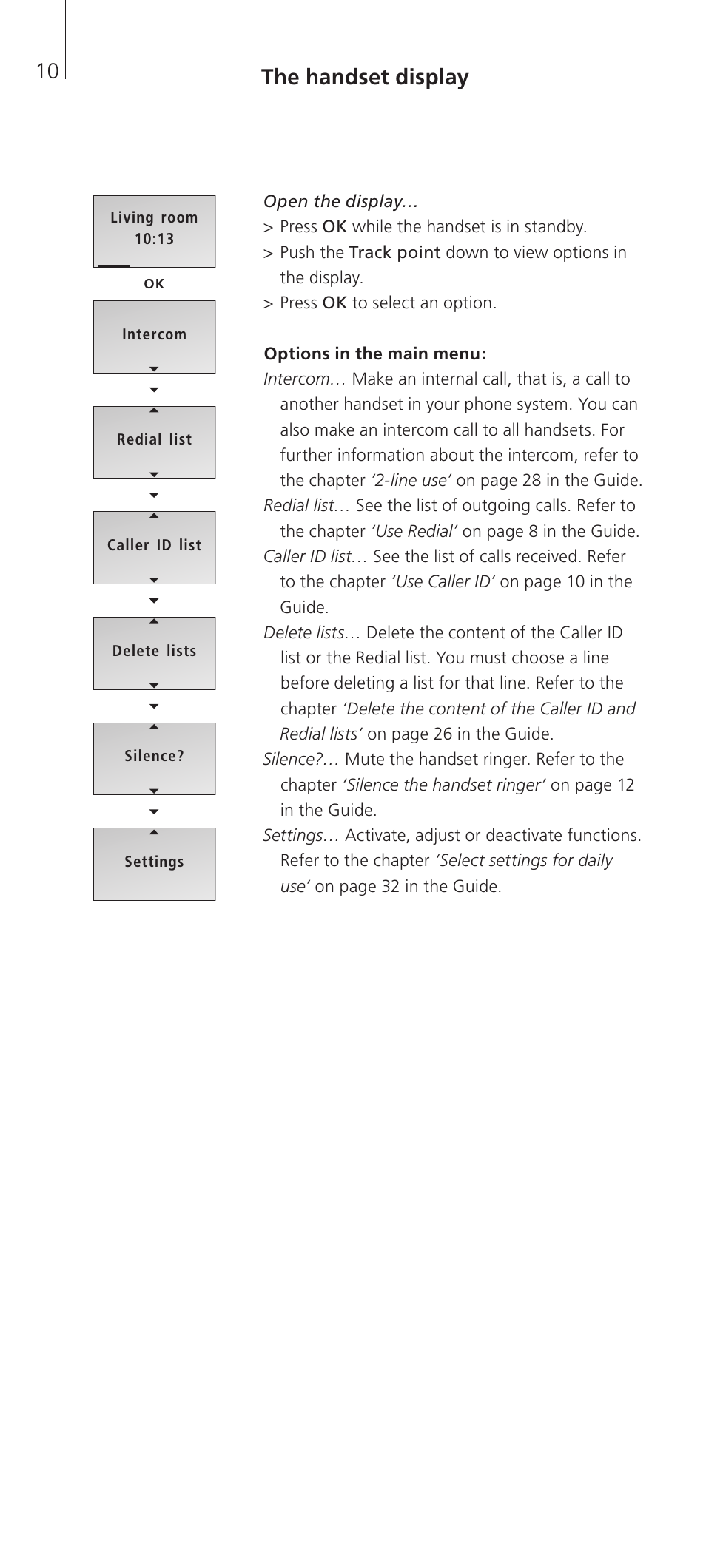 The handset display, 10 the handset display | Bang & Olufsen BeoCom 2 - Getting Started User Manual | Page 10 / 24