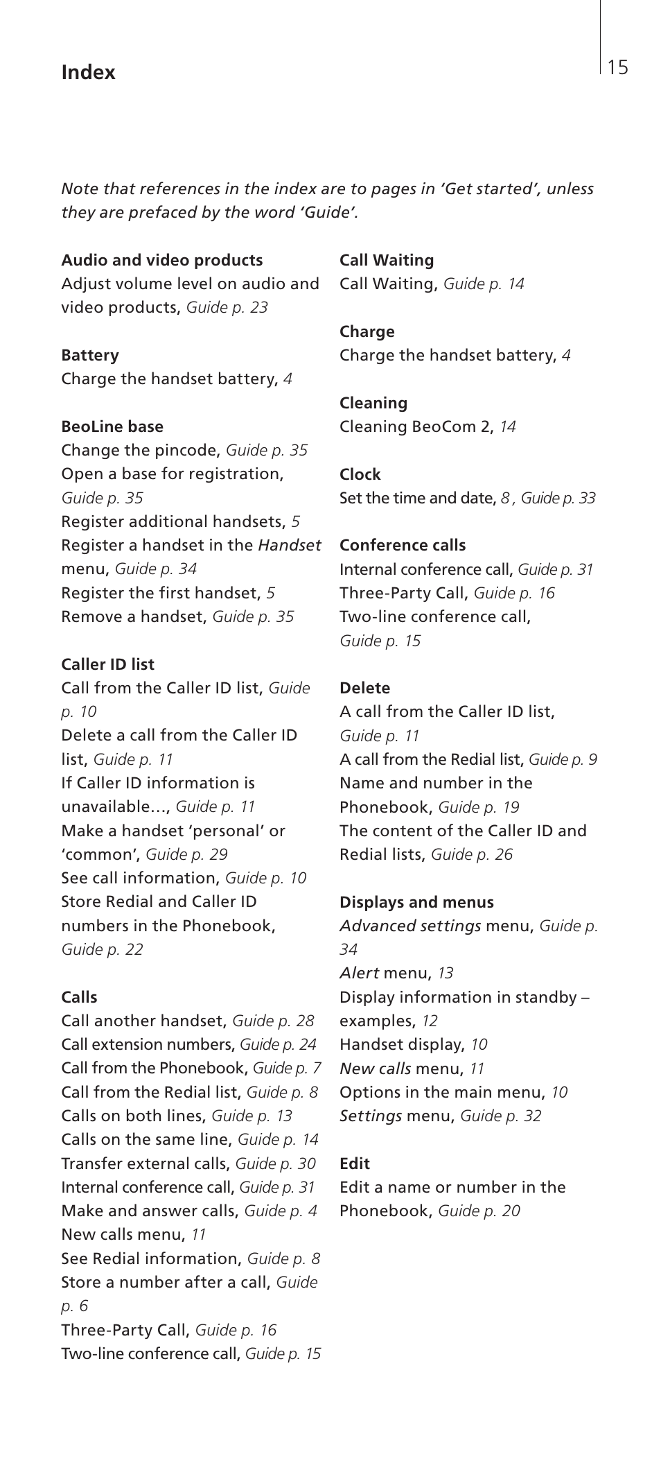 Index | Bang & Olufsen BeoCom 2 - Getting Started User Manual | Page 15 / 24