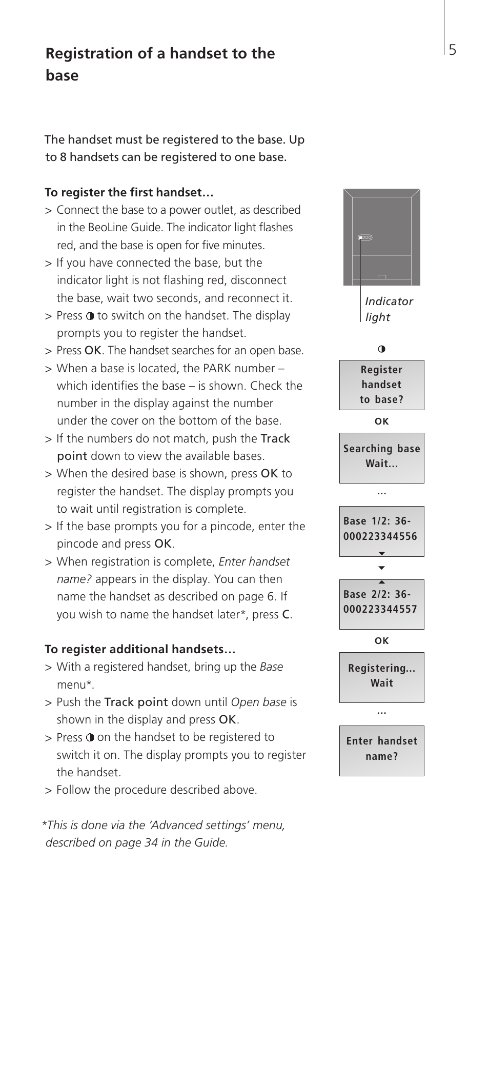 Registration of a handset to the base, 5registration of a handset to the base | Bang & Olufsen BeoCom 2 - Getting Started User Manual | Page 5 / 24