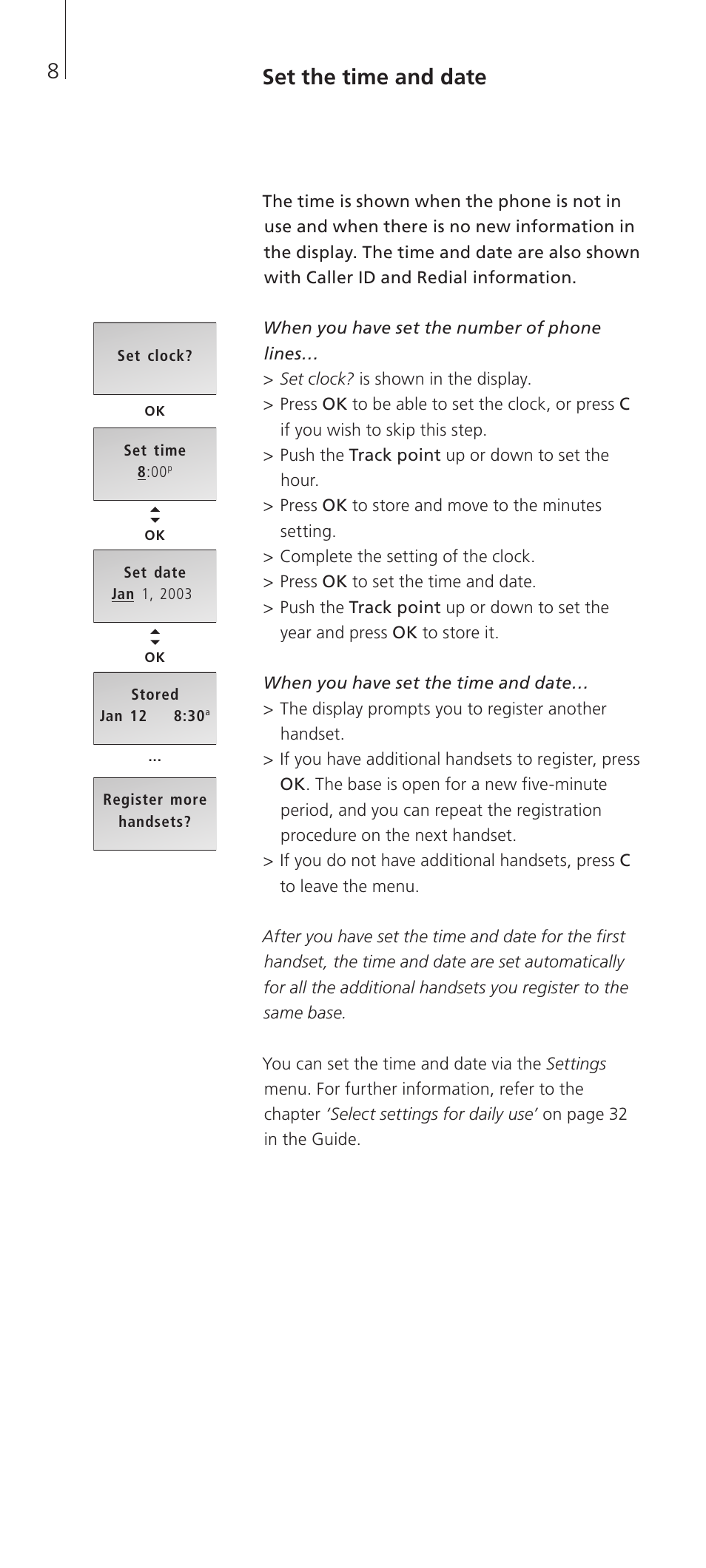 Set the time and date, 8set the time and date | Bang & Olufsen BeoCom 2 - Getting Started User Manual | Page 8 / 24