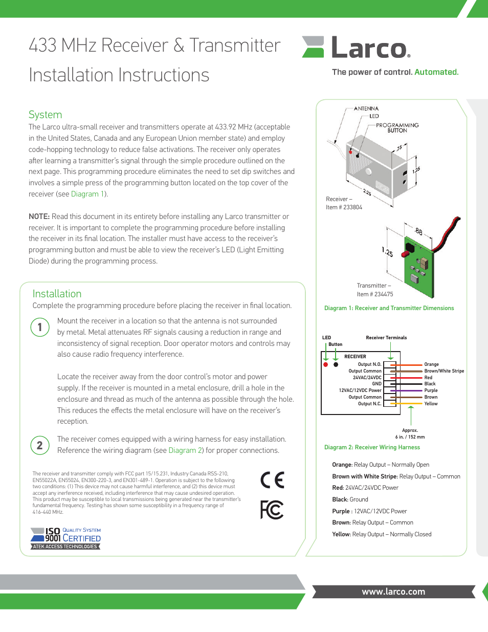 Larco 433 MHz Receiver & Transmitter User Manual | 2 pages