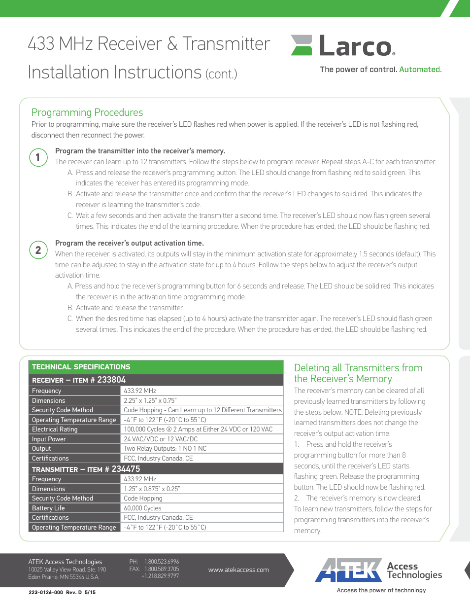 Cont.), Programming procedures, Technical specifications | Larco 433 MHz Receiver & Transmitter User Manual | Page 2 / 2