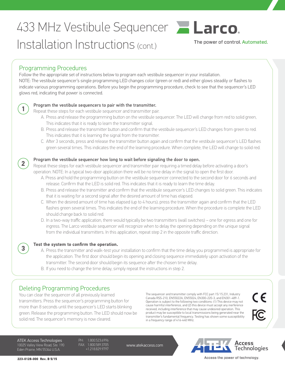 Cont.), Programming procedures, Deleting programming procedures | Larco 433 MHz Vestibule Sequencer User Manual | Page 2 / 2