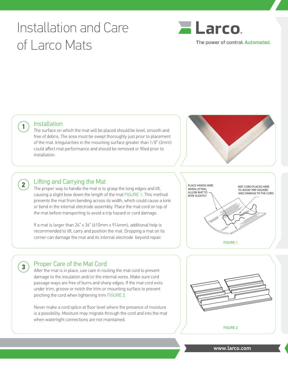 Larco Installation and Care of Larco Mats User Manual | 2 pages