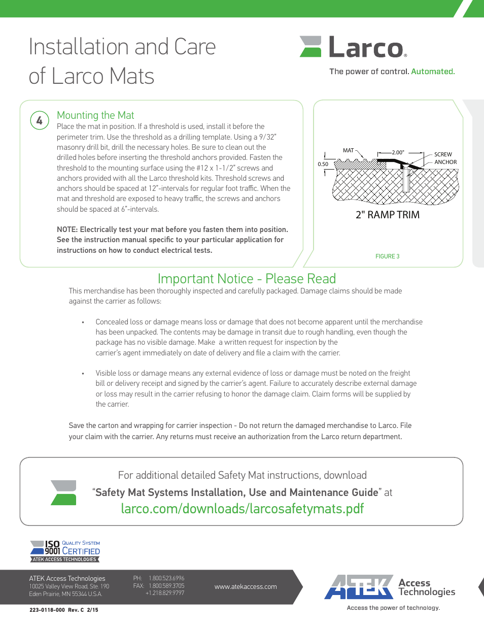 Installation and care of larco mats, Important notice - please read, Mounting the mat | 2" ramp trim | Larco Installation and Care of Larco Mats User Manual | Page 2 / 2