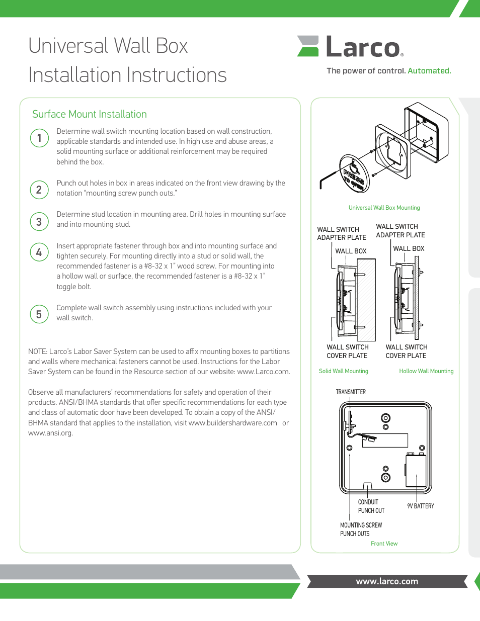 Larco Universal Wall Box User Manual | 2 pages
