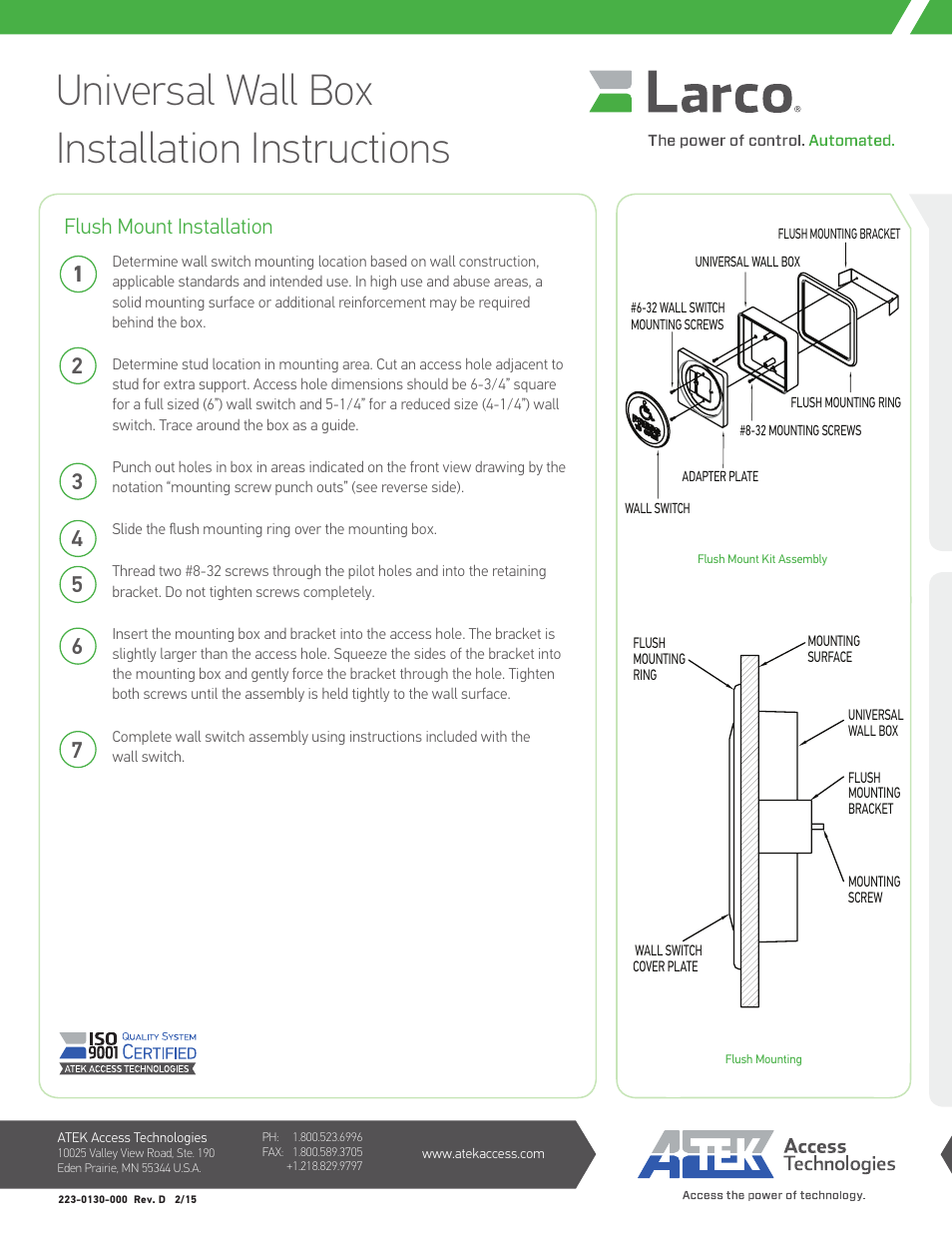 Universal wall box installation instructions, Flush mount installation | Larco Universal Wall Box User Manual | Page 2 / 2