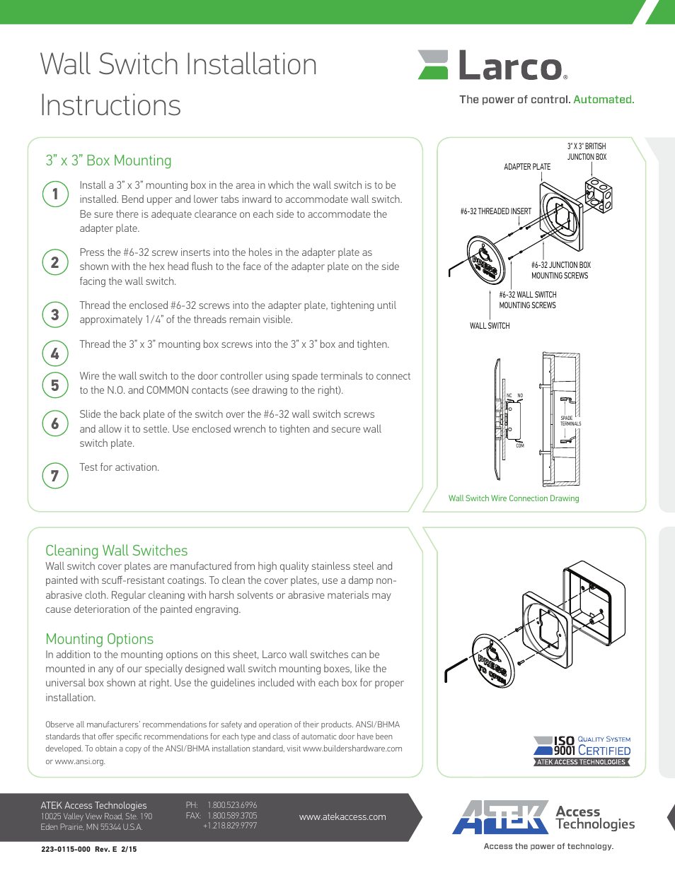 Wall switch installation instructions, 3” x 3” box mounting, Cleaning wall switches | Mounting options | Larco Wall Switch User Manual | Page 2 / 2