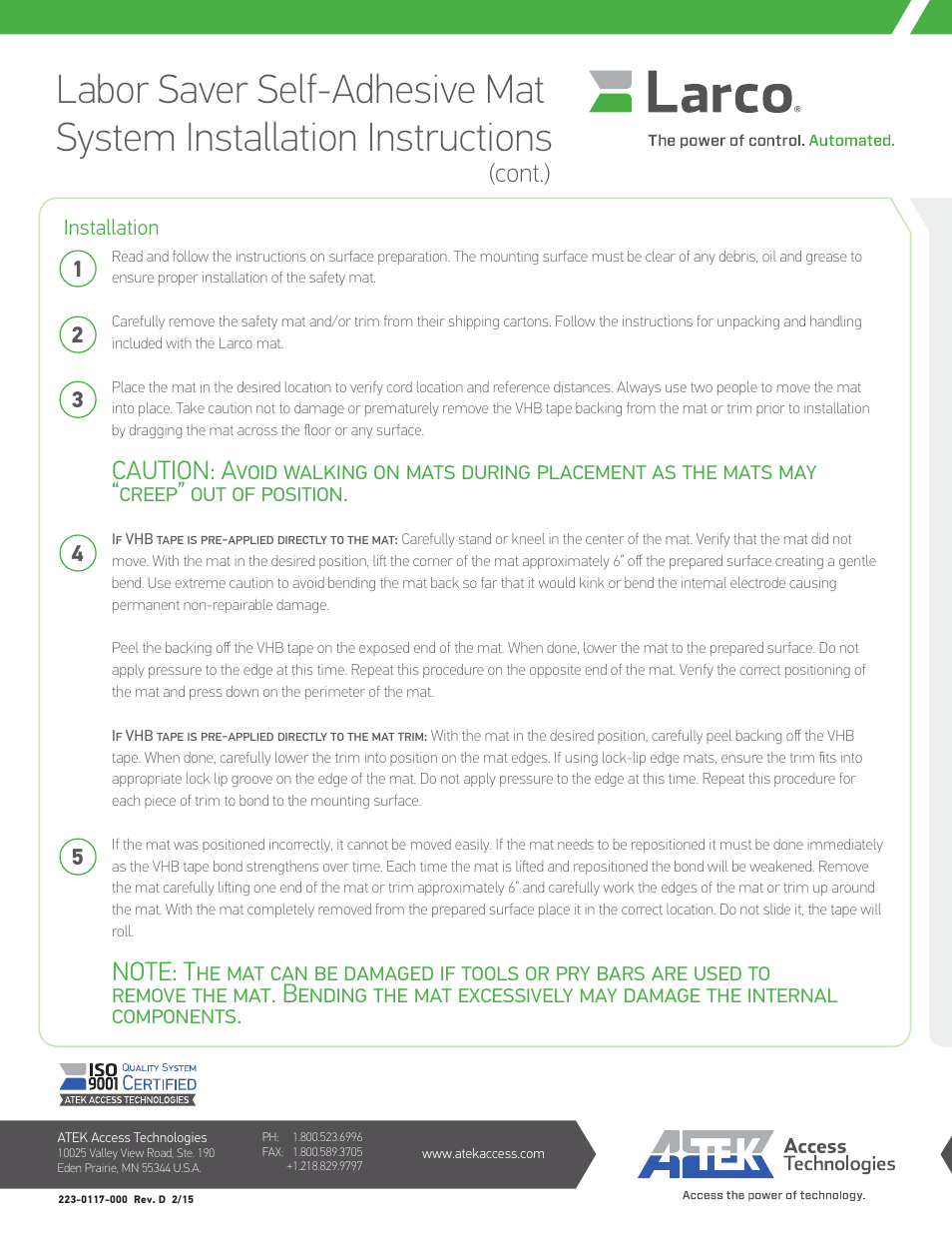 Cont.) | Larco Labor Saver Mat System User Manual | Page 2 / 2