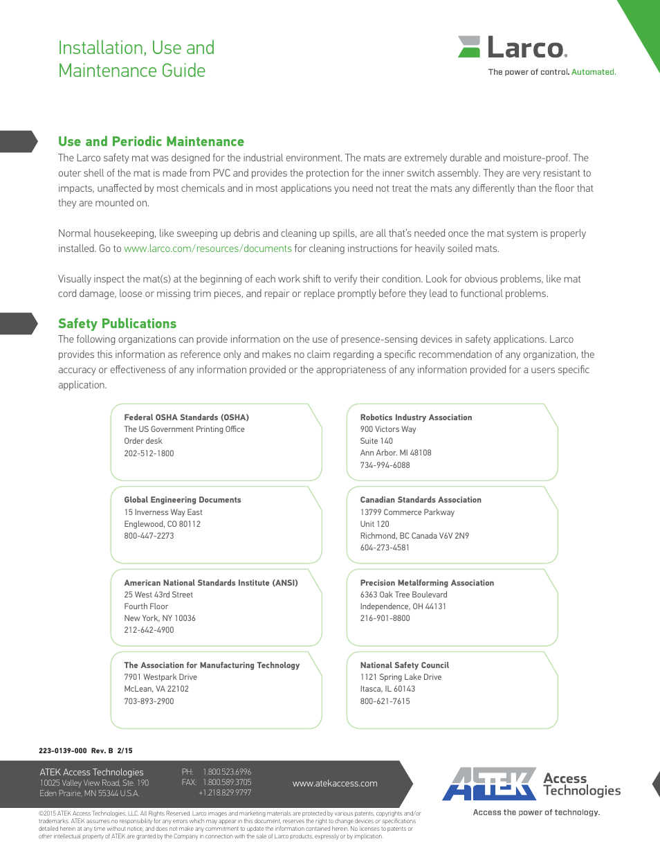 Installation, use and maintenance guide, Use and periodic maintenance, Safety publications | Larco Safety Mat Systems User Manual | Page 12 / 12