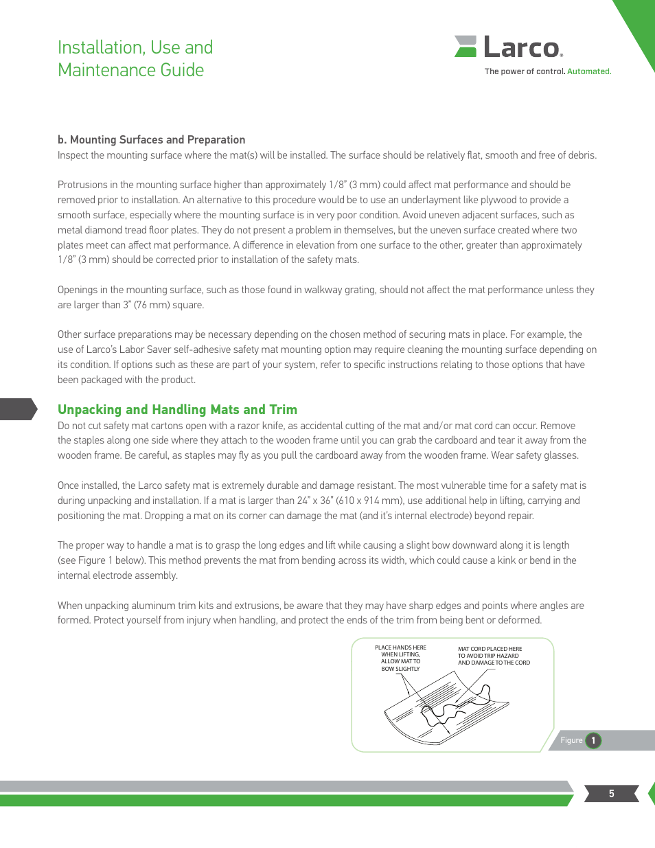 Installation, use and maintenance guide, Unpacking and handling mats and trim | Larco Safety Mat Systems User Manual | Page 5 / 12