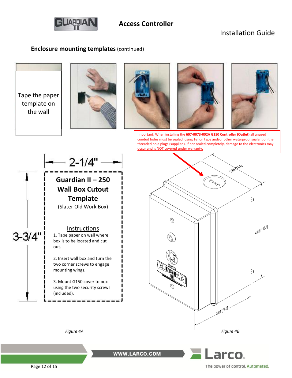 See figure 4a for template, See figure 4b for dimension drawing, Access controller | Installation guide, Guardian ii – 250 wall box cutout template | Larco Guardian II User Manual | Page 12 / 15