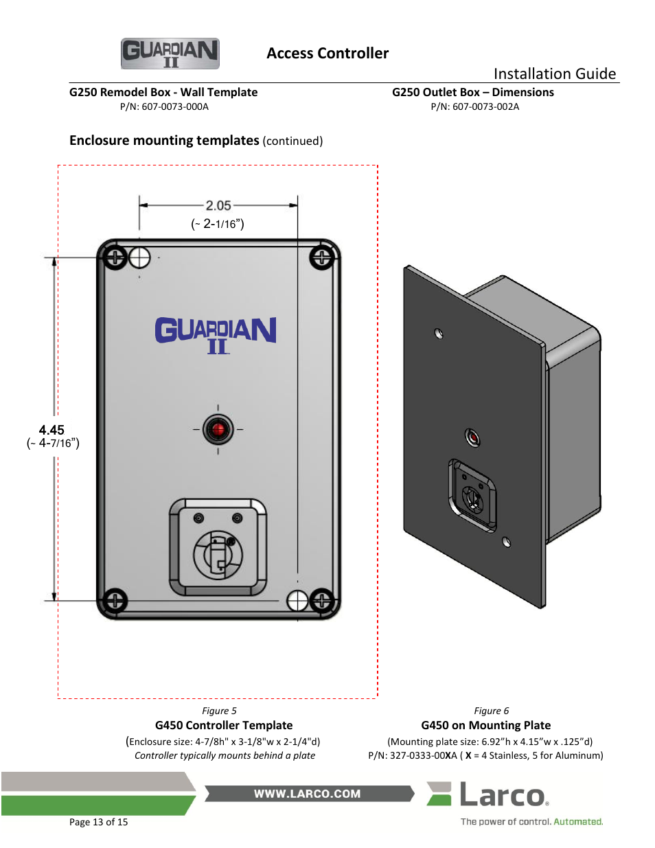 See figure 5 for template, Access controller, Installation guide | Enclosure mounting templates | Larco Guardian II User Manual | Page 13 / 15