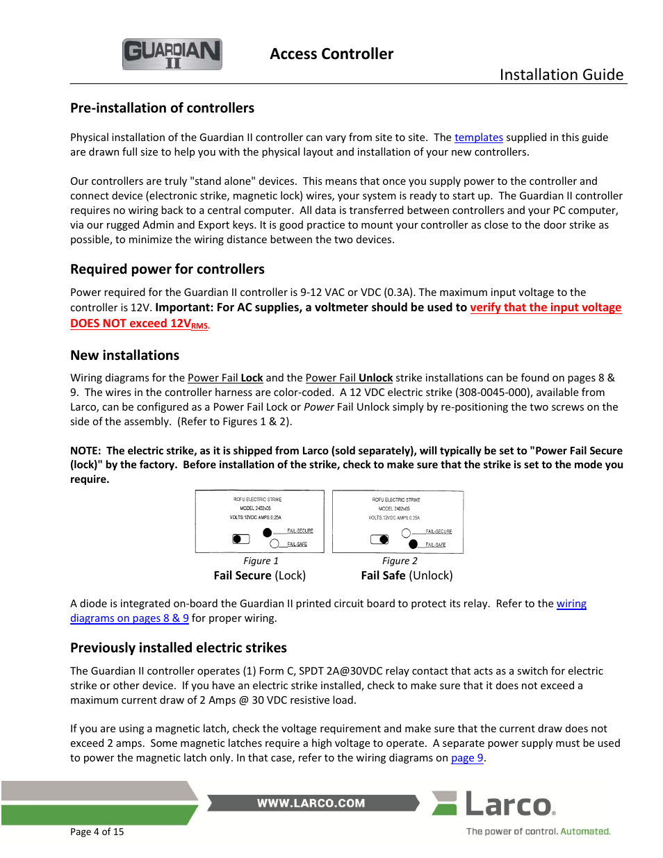 Pre-installation of controllers, Required power for controllers, New installations | Previously installed electric strikes, Access controller, Installation guide | Larco Guardian II User Manual | Page 4 / 15