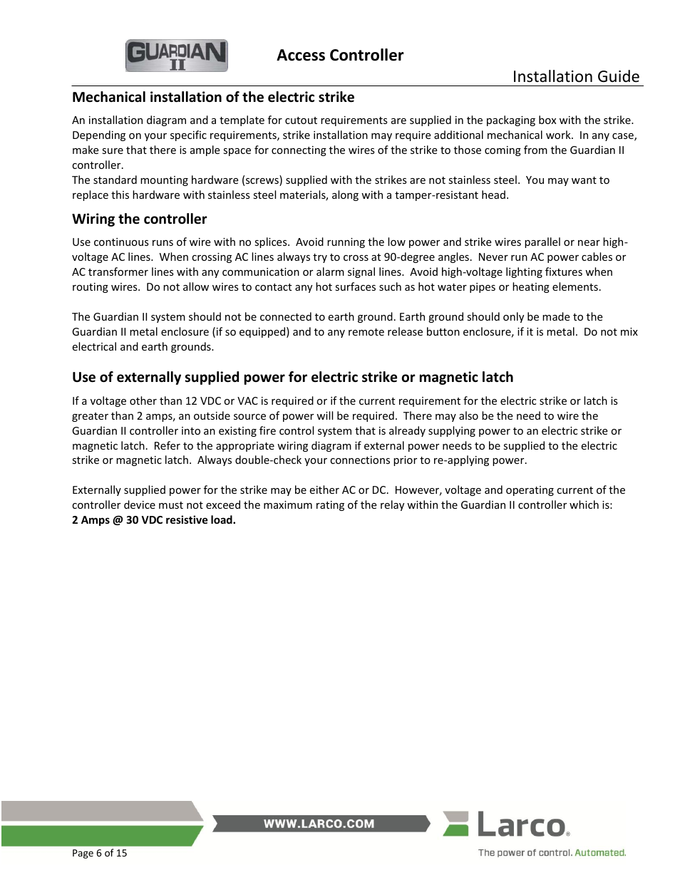 Mechanical installation of the electric strike, Wiring the controller, Access controller | Installation guide | Larco Guardian II User Manual | Page 6 / 15