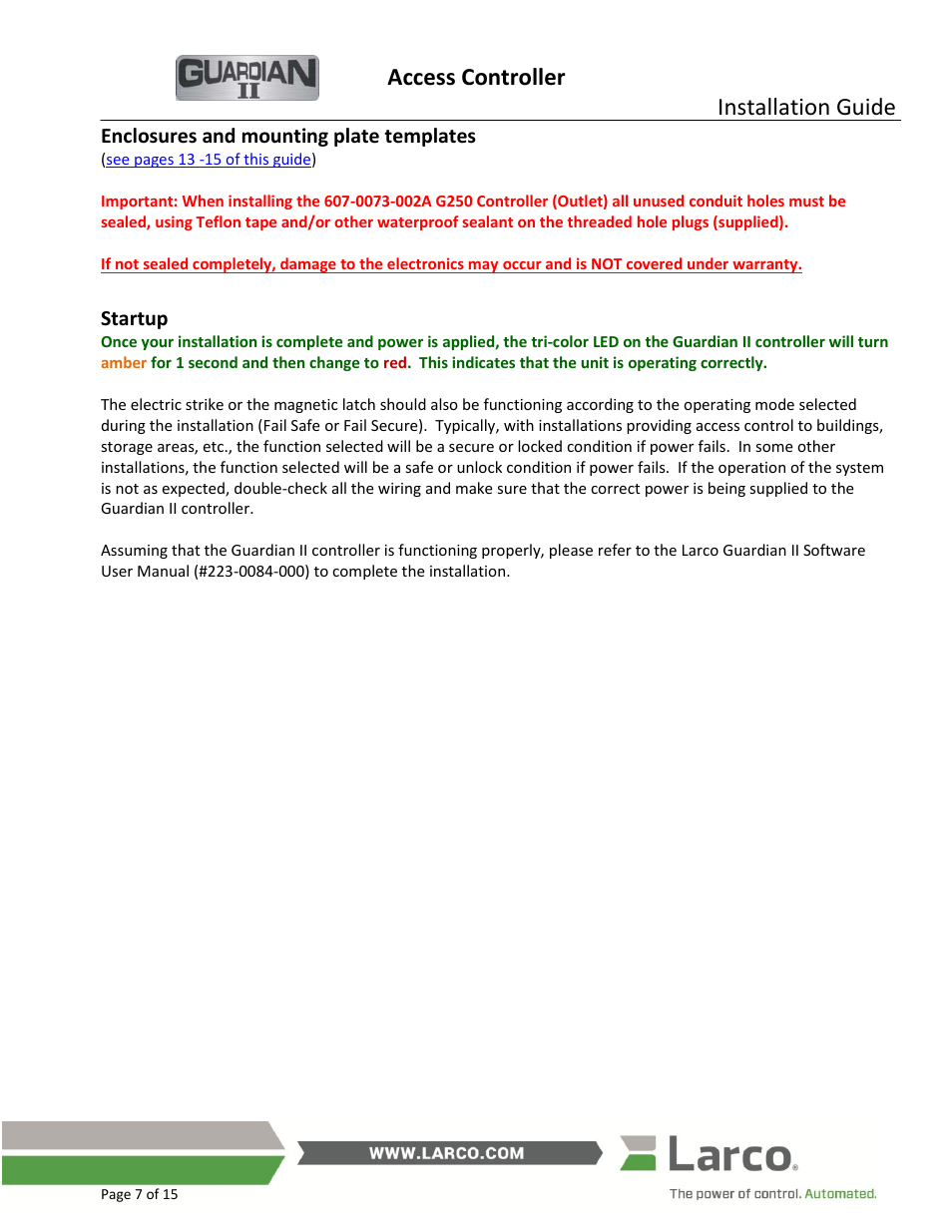 Enclosures and mounting plate templates, Startup, Access controller | Installation guide | Larco Guardian II User Manual | Page 7 / 15