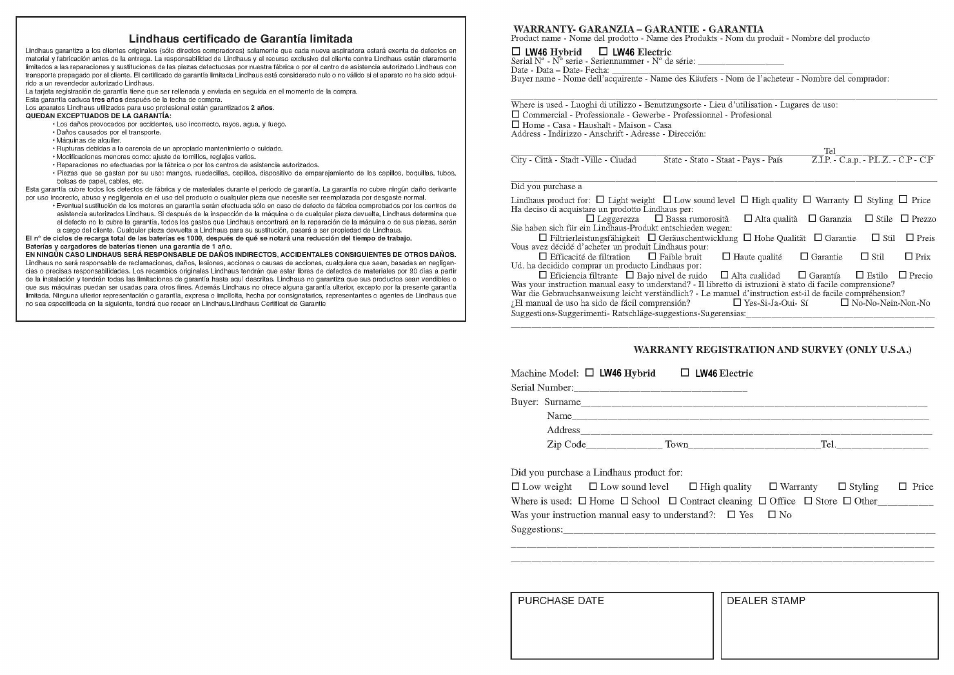 Garanzia e question | Lindhaus LW46 Hybrid User Manual | Page 19 / 20