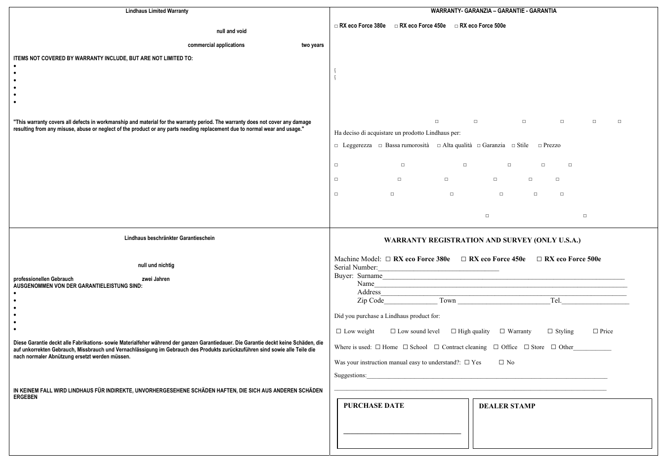 Garanzie gb-t + cartoline, Warranty- garanzia – garantie - garantia | Lindhaus RX hepa eco FORCE 380e - 450e - 500e User Manual | Page 15 / 16