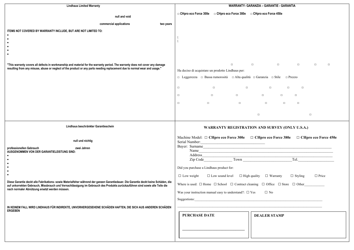 Pag. 15 garanzie gb-t + cartoline | Lindhaus CH pro 38 eco FORCE User Manual | Page 15 / 16