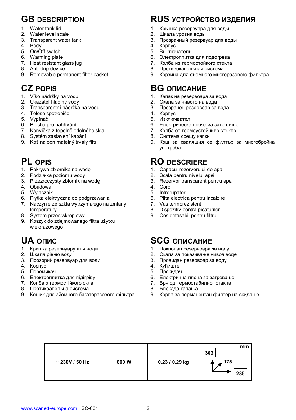 Ua scg | Scarlett SC-031 User Manual | Page 2 / 21