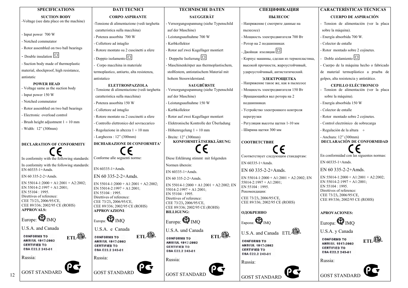 Specifications, Suction body, Power head | Declaration of conformity, Direttives of reference, Cee 73/23, 2006/95/ce, Cee 89/336; 2002/95 ce (rohs), Dati tecnici, Corpo aspirante, Elettrospazzola | Lindhaus Valzer Hepa Class A User Manual | Page 12 / 17