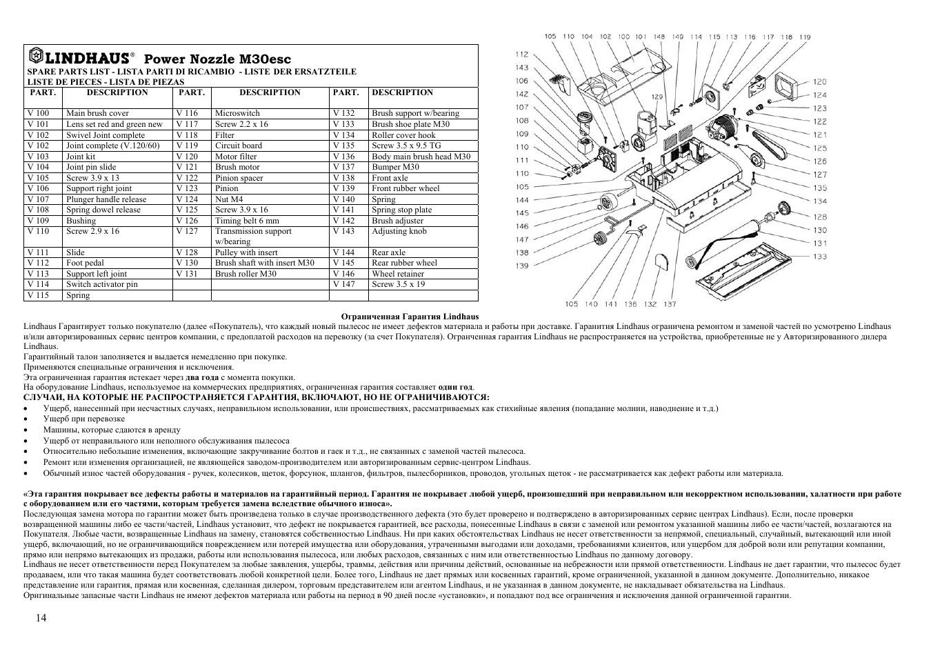 Pag 14 part list m30+ garanzia ru, Power nozzle m30esc | Lindhaus Valzer Hepa Class A User Manual | Page 14 / 17