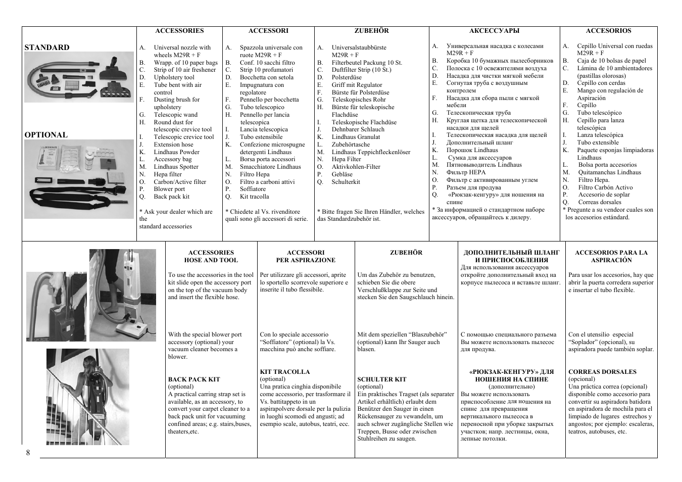 Accessories, Accessori, Zubehör | Аксессуары, Accesorios para la aspiración, Correas dorsales (opcional) | Lindhaus Valzer Hepa Class A User Manual | Page 8 / 17