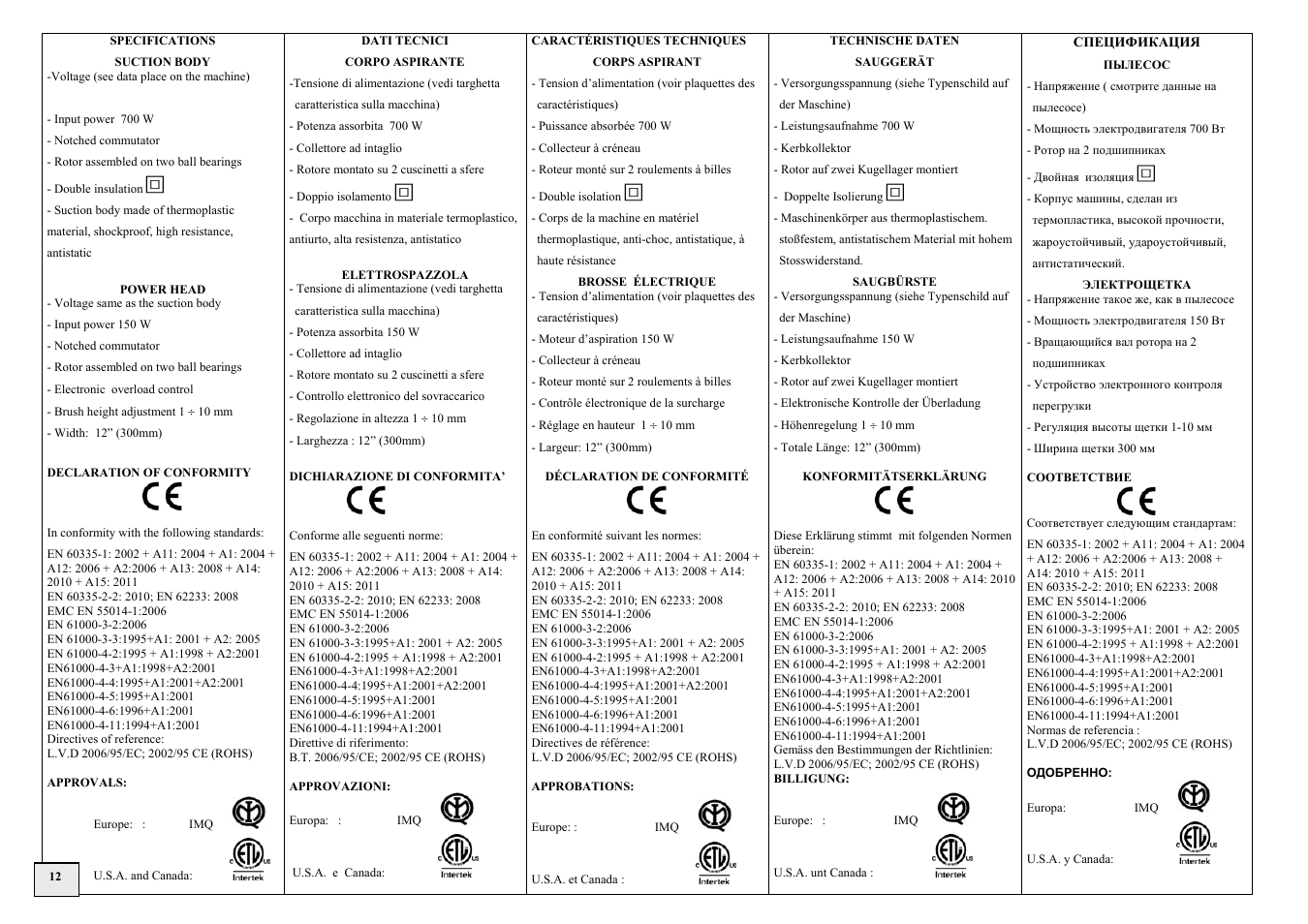 Specifications, Suction body, Power head | Declaration of conformity, Dati tecnici, Corpo aspirante, Elettrospazzola, Dichiarazione di conformita, Direttive di riferimento, B.t. 2006/95/ce; 2002/95 ce (rohs) | Lindhaus Valzer 5 Class A User Manual | Page 12 / 16
