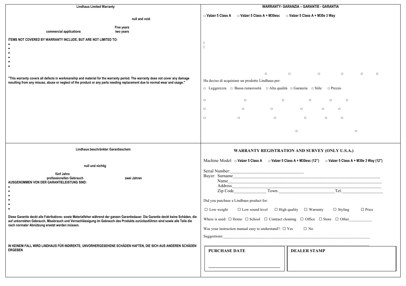 Garanzie gb-t + cartoline, Warranty- garanzia – garantie - garantia | Lindhaus Valzer 5 Class A User Manual | Page 15 / 16