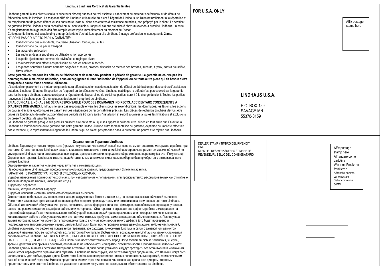 Garanzie f, s + ind. cartolina, Lindhaus s.r.l | Lindhaus Valzer 5 Class A User Manual | Page 16 / 16