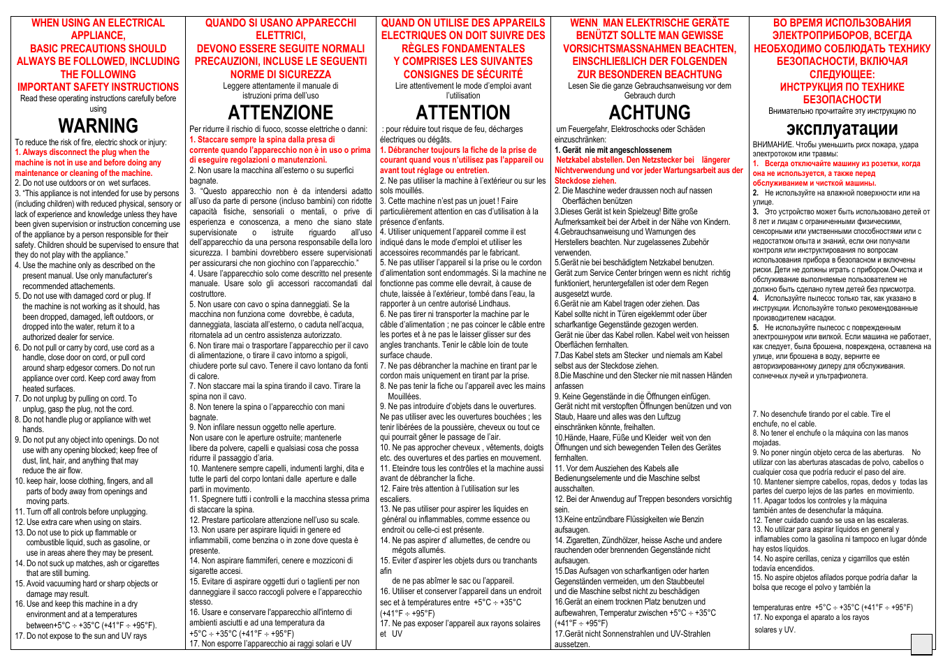 Warning, Attenzione, Attention | Achtung, Эксплуатации | Lindhaus Valzer 5 Class A User Manual | Page 3 / 16
