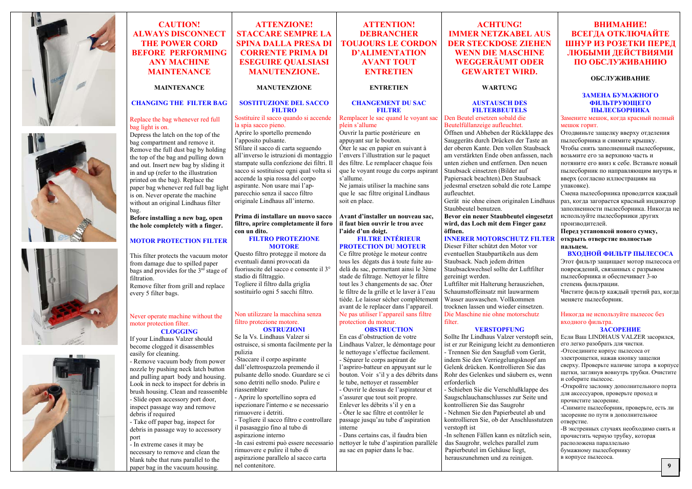 Pag. 9, Maintenance, Changing the filter bag | Clogging, Filtre intérieur, Protection du moteur, Obstruction, Wartung, Innerer motorschutz filter, Verstopfung | Lindhaus Valzer 5 Class A User Manual | Page 9 / 16