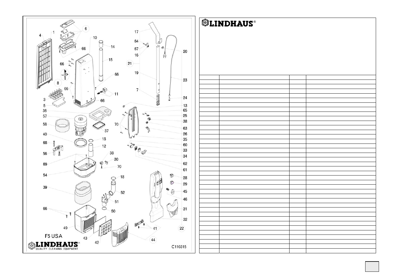 Pag. 13 part list body, F5 class a, Suction body | Lindhaus F5 Class A electric broom User Manual | Page 13 / 16