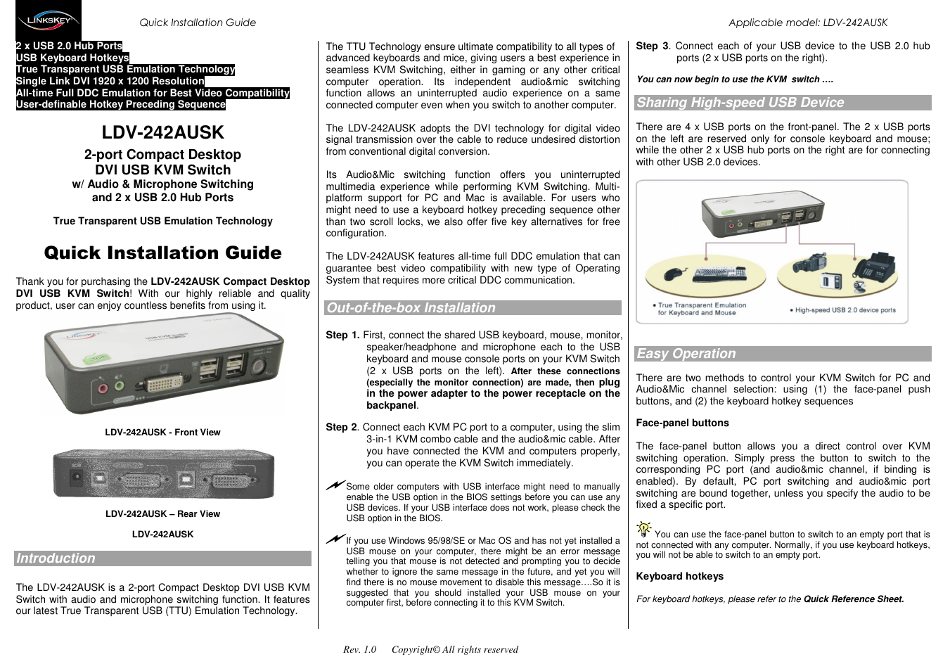 Linkskey LDV-242AUSK User Manual | 2 pages