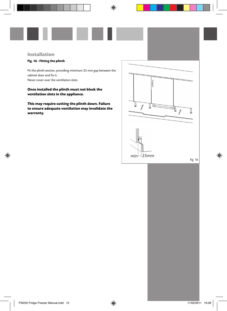 Installation, Min 25mm | CDA FW222 User Manual | Page 12 / 16