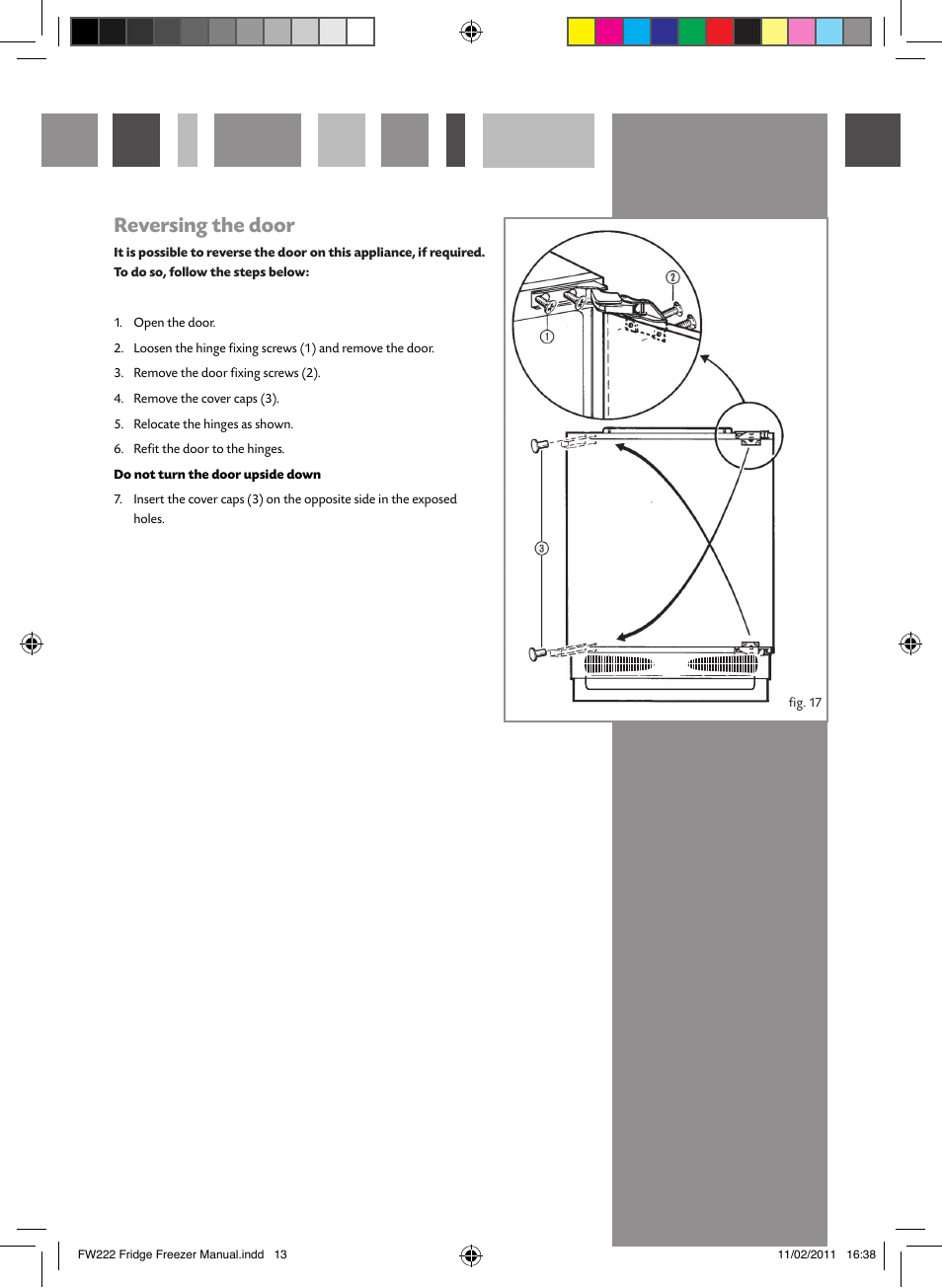 Reversing the door | CDA FW222 User Manual | Page 13 / 16