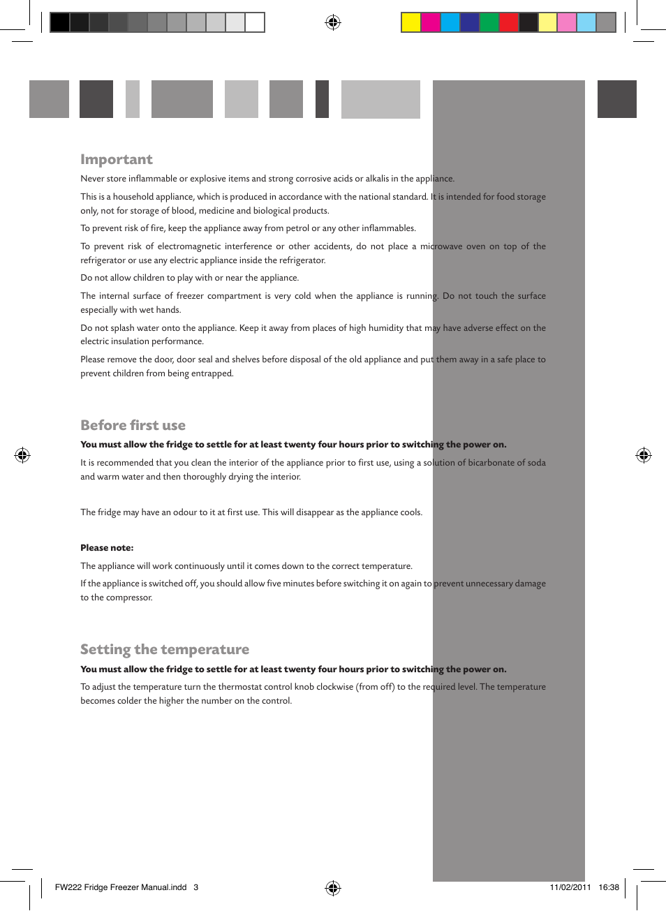 Important, Before first use, Setting the temperature | CDA FW222 User Manual | Page 3 / 16