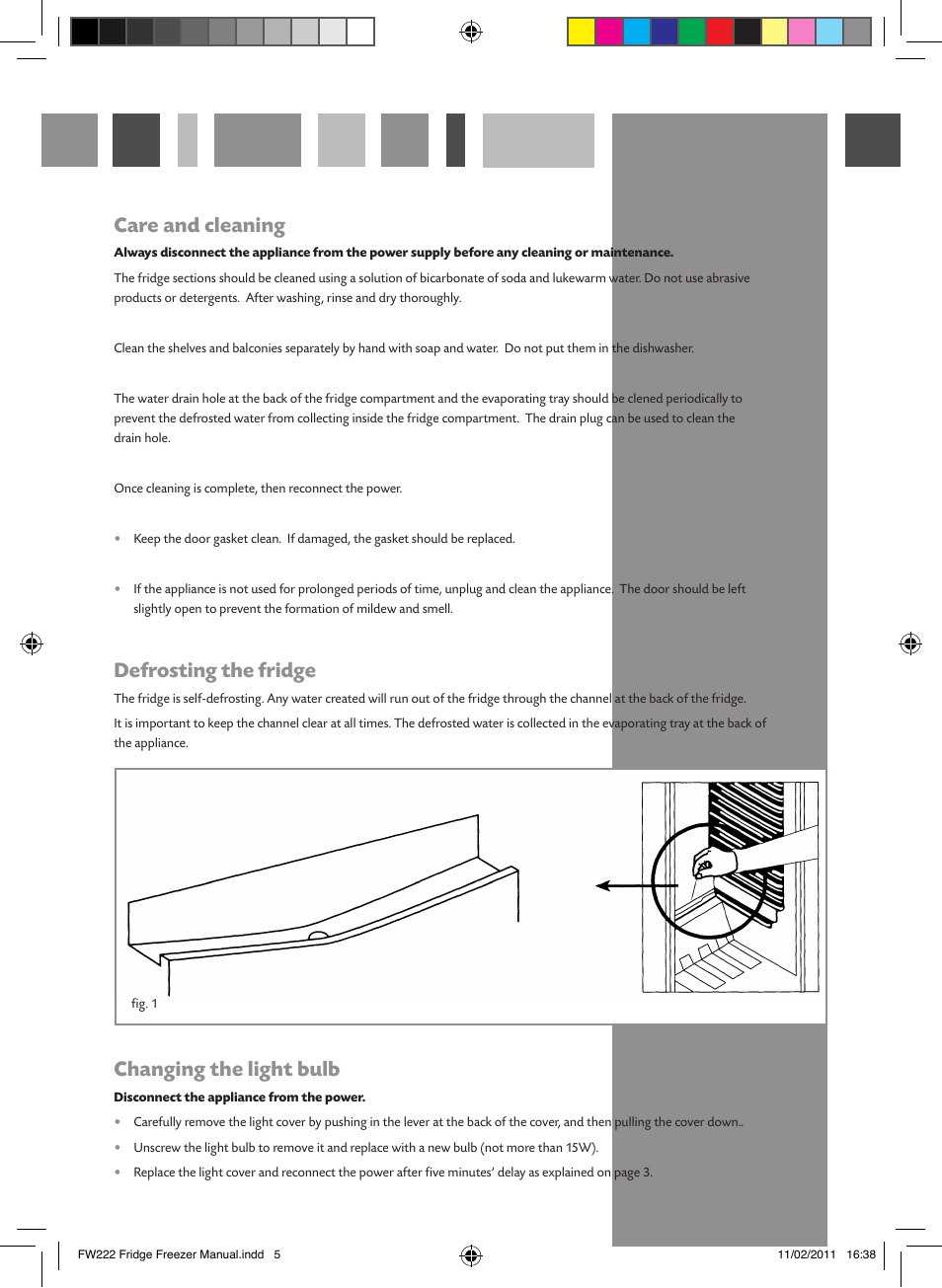 Care and cleaning, Defrosting the fridge, Changing the light bulb | CDA FW222 User Manual | Page 5 / 16